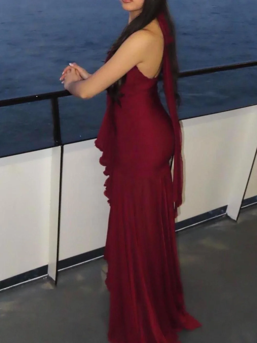 Fashion Nova Burgundy Halter Ruffle High-Low Mesh Maxi Dress